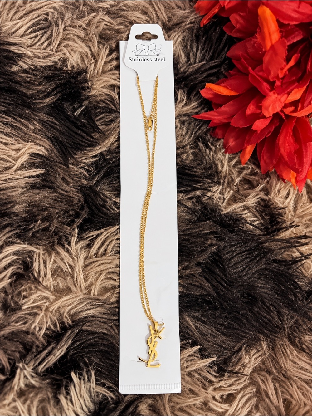 Gold Stainless Steel YSL Monogram Pendant Necklace